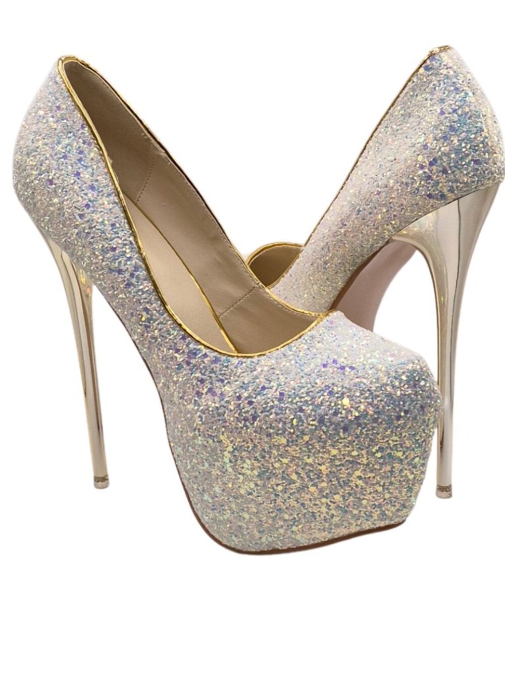 NEW White Iridescent Glitter Platform Stiletto | Gold Heel | Ultra High Glam